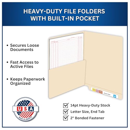 Manila Pocket File Folders, Doctor Stuff, Letter Size Reinforced End Tab Folder with 1/2 Pocket on Inside Left, 14 pt Manila Stock, Box of 50