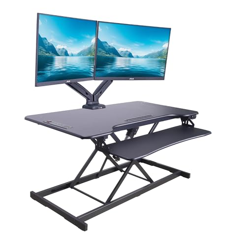 Rocelco 46" Electric Standing Desk Converter with AC Outlet USB Charger and Dual Monitor Arm Mount - Motorized Adjustable Sit Stand Riser - Tabletop Workstation Keyboard Tray - Black (R EDRB-46-MA2)