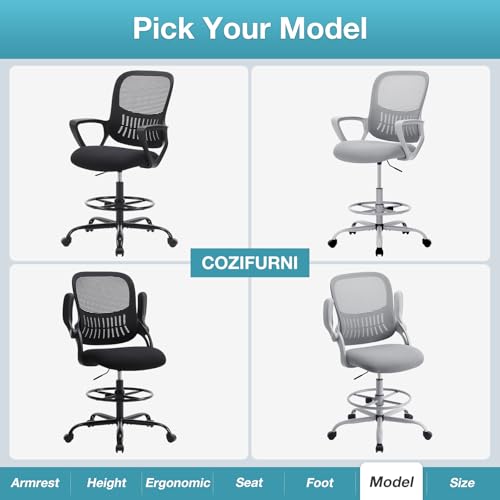 COZIFURNI Drafting Chair Tall Office Chair for Standing Desk Counter Height Adjustable, Egronomic Lumbar Support with Flip Up Armrest, Footrest, Rolling, Grey, 1pc