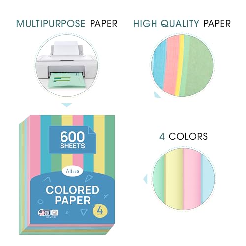 Alitte Colored Paper 8.5 x 11 - Copy Paper, 600-Pack Letter Size for Printer, Arts & Crafts, DIY Projects - Pink, Green, Blue, Yellow - School & Office Supplies - 150 Sheets Per Color
