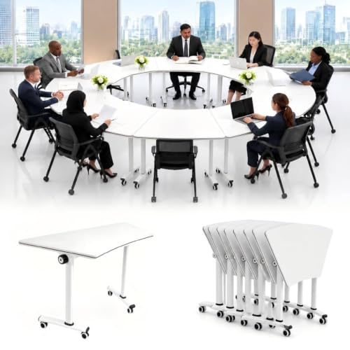 YICOCHI Folding Conference Table with Wheels,Trapezoid Flip Top Mobile Training Table, Modular Nesting Meeting Desk with 360° Lockable Casters, Space Saving Seminar Table for Office Classroom,White,2