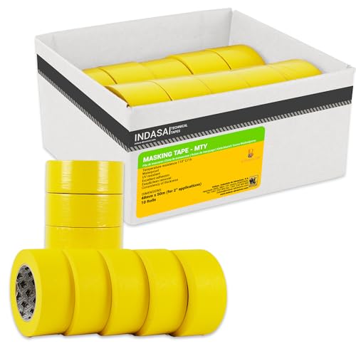 INDASA 10 Case Yellow Masking Tape 2 Inch x 50m High Temperature Resistant Waterproof Clean Removal for Painting Automotive Industrial Construction