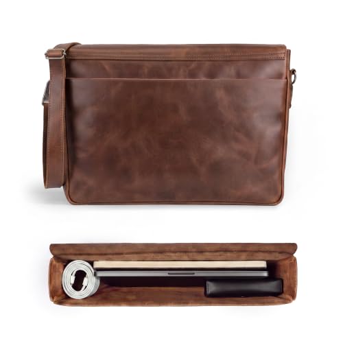 Hide & Drink, Messenger Bag with Shoulder Strap, 13-14 Inch Laptop Storage, Classic Portfolio, Travel Accessory, Full Grain Leather, Handmade, Bourbon Brown