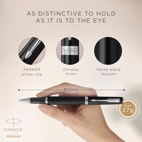 PARKER Meridian Rollerball Pen | Matte Black Lacquer with Chrome Trims | Fine Nib | Handwriting Pens & Stationery Supplies | Black Ink | Luxury Gift Box