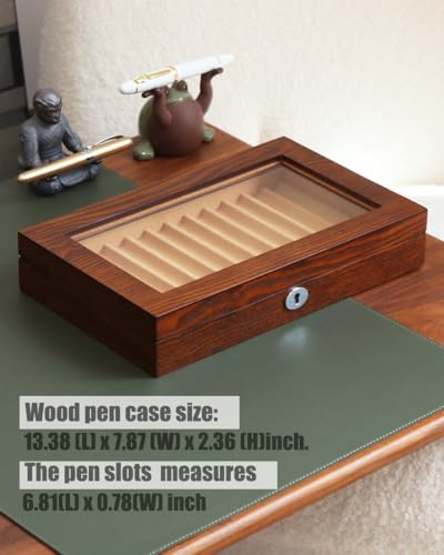 Bonaking Fountain Pen Display Case with 12 Pens, Wood Pen Display Box, Lockable Pen Storage Box with Glass Top, Pen Box Organizer, Pen Collection Display Case (Brown with Camel Velvet)