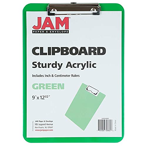 JAM PAPER Plastic Clipboards with Low Profile Metal Clip - Letter Size (9 x 12.5) - Green - 12 Clip Boards/Pack