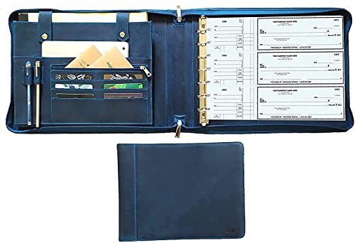 Business 7 Ring Check Book Binder, 600 Checks Capacity for 9" x 13" Sheets Check Holder, Leather Portfolio Storage Organizer for Men, Engraving Logo