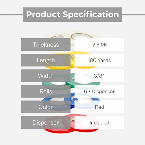 PSBM Red Poly Bag Sealing Tape with Dispenser, 6 Rolls, 2.3 Mil Thick, 3/8 Inch Wide, 180 Yards Per Roll, Total 1080 Yards, Colored Sealer Tapes for Wrapping, Packaging & Sealing Food Products