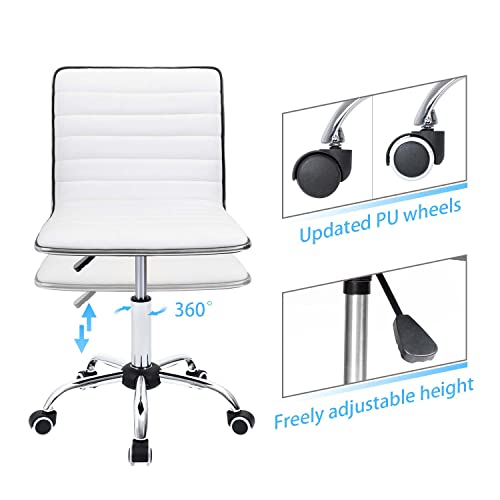 Furmax Vanity Office Desk Chair with Wheels, Armless Small Cute Leather Makeup Computer Task Chair Adjustable Height 360° Swivel (White)