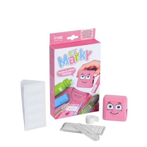 MARKY Stamp Set in Pink with Black Ink for Labeling Various Objects and Clothes, Includes 3in1 Refill Set with Ink Pad, 40 Labels and 1 m Thermotape