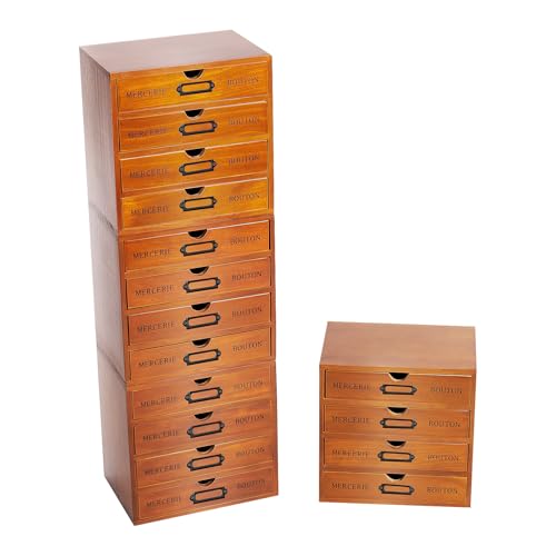 Vintage 16-Drawer Wooden Desk Organizer, 4Pcs 4-Slot Filing Cabinet, Stackable Craft Storage Drawers, Rustic Tool Box, Multilevel Apothecary Cabinet, Ideal Home Office Organizers and Accessories