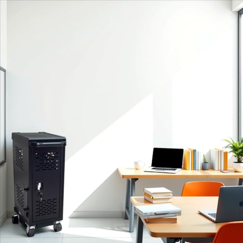 Portable Charging Cabinet for 16 Devices, Cold Rolled Steel, Fits 14-Inch Screens, Secure Charging Station with Lock & Key, Power Strips,, for classroom, library, clinic, office and more (Black)