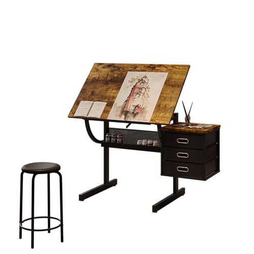 WZONICE98 Black Drafting Table with Stool and 3 Drawers, Adjustable Tilting Drawing Desk, Art Craft Table with Storage, MDF & Metal, 45.67" L x 23.6" W