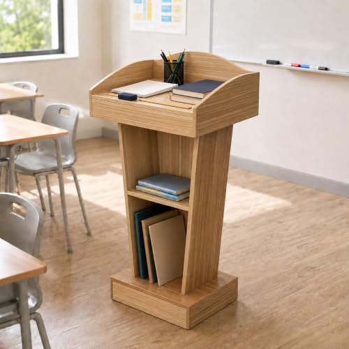 BGEDL Wooden Podium Stand, Floor Standing Speaking Poidum Lectern Stand, Church Pulpit with Storage, Portable Podium Stand Walnut Color, Wooden Pulpit for Churches, Office, Classroom and Schools