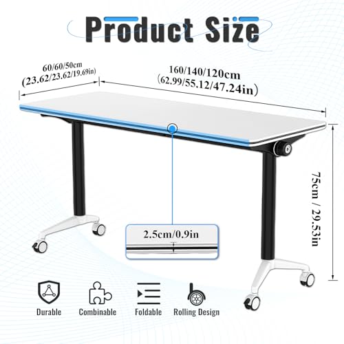 Pubaerkk Folding Conference Table, White Conference Room Tables, Flip Top Mobile Training Table, Folding Meeting Tables with Wheels, Seminar Tables for Offices, School,1pcs,47in*20in