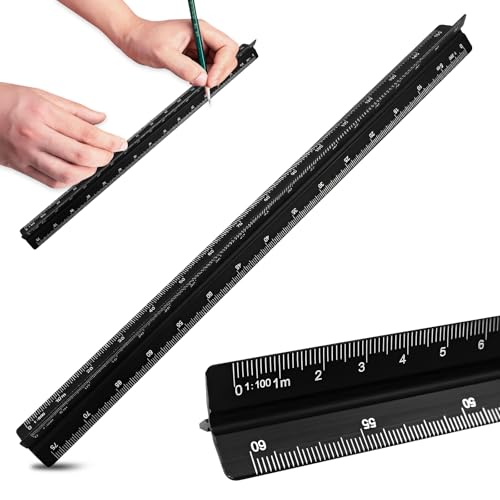 Triangular Scale, 30 cm Architect Ruler, Drawing Ruler, Aluminium Scale Ruler for Architects, Students, Draftsmen and Engineers, Black (1:100, 1:200, 1:250, 1:300, 1:400, 1:500)