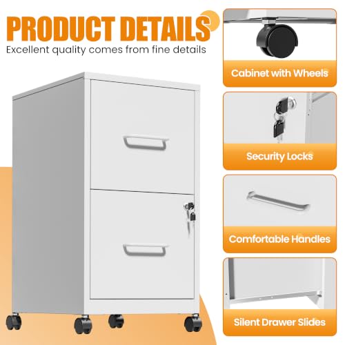 Yukimo 2 Drawer File Cabinet with Wheels, Metal Mobile Filing Cabinets with Lock, Vertical File Cabinet for Home Office, Rolling Storage Cabinet for A4/Letter/Legal Size File, Assembly Required, White