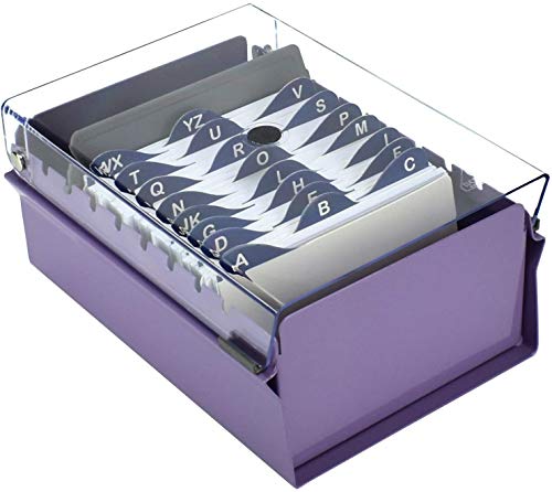 Acrimet 3 x 5 Card File Holder Organizer Box Metal Base Heavy Duty (AZ Index Cards and Divider Included) (Purple Color with Clear Crystal Plastic Lid Cover)