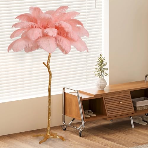 MAYOLA Luxury Resin Ostrich Feather Lamp, 35 Pieces Real Ostrich Feathers,Floor Light for Living Room, Bedroom and Office 67” Tall Feather Lamp(Pink, Floor Lamp)