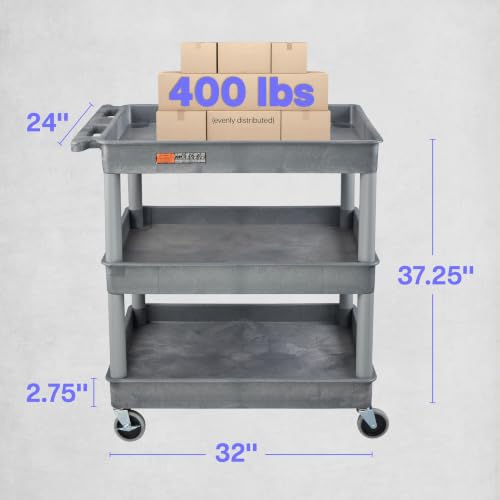 LUXOR TC111-G Large Tub Cart, Three Shelves, Caster Wheels with Locking Brake, Assembly Required, 32" W x 24" D x 38.25" H, 133 Lbs