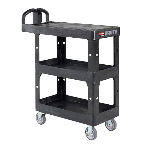 Rubbermaid Commercial BRUTE Heavy Duty 3-Shelf Utility/Service Cart, Small, Flat Shelves, Ergonomic Handle, 600 lbs. Capacity, for Retail Stores/Garage/Cleaning/Maintenance