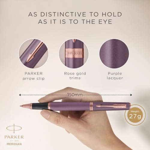 PARKER Meridian Rollerball Pen | Purple Lacquer with Rose Gold Trims | Fine Nib | Handwriting Pens & Stationery Supplies | Black Ink | Luxury Gift Box