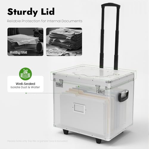 WINNIESHOP Lockable Mobile Rolling File Box with Pull Handle Portable Rolling Case File Cabinet Organizer Fireproof Document Box for Hanging Letter/Legal Folders (Silver)