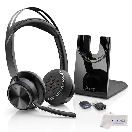 Poly Plantronics Voyager Focus 2 USB C Stereo Bluetooth Wireless Headset with USB-C Dongle and Charging Headset Stand - for Meetings, Teams, Zoom, Ringcentral, Mobile Phone Calls, PC, w/GTW Cloth