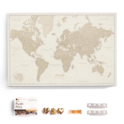 Canvas World Map with Cork Pin Board - English Lettering - Decorative Wall Decoration for All Rooms - Canvas Pictures with World Map Motif (90x60 cm, Pattern 9)