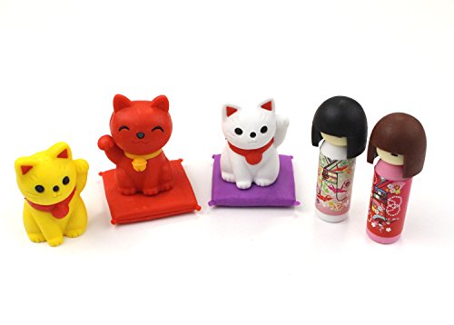 Iwako SCERBRI020 Eraser Kokeshi and Maneki Cat Set, 10 Pieces