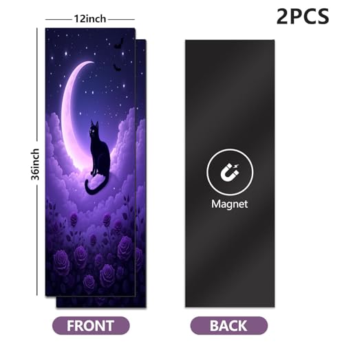 2 Pcs Locker Magnetic Wallpaper Mystical Black Cat Sitting Crescent Moon Purple Roses Starry Sky 12" x 36" Wall Magnetic Sticker Removable Locker Accessories Decor Easy Install for Office School