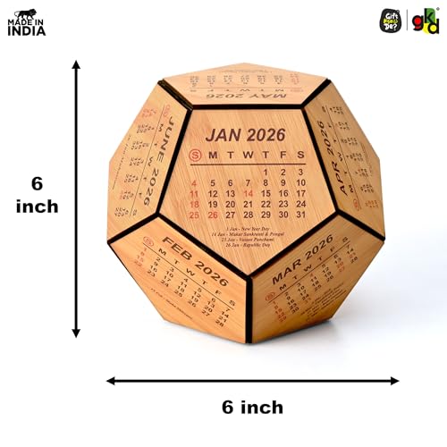 Gift Kya De 2026 Wooden Pentagon Desk Calendar | Premium 3D Big Size Table Calendar | Bamboo Wood Eco-Friendly Office Desk Décor | Unique Corporate Gift | Made in India