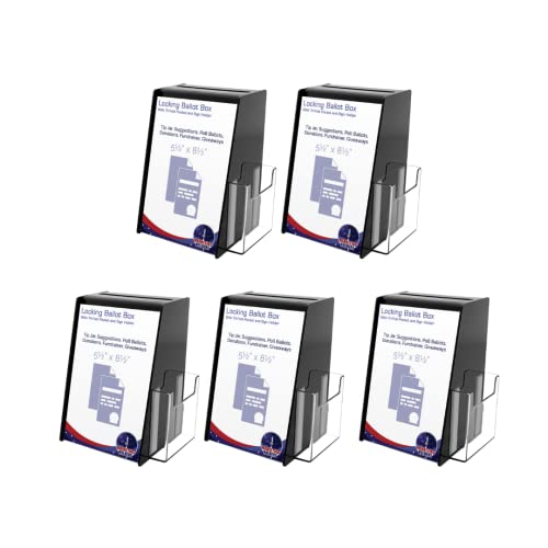 Marketing Holders 5 Pack Locking Ballot Box Black Acrylic 5.75” x 5.5" x 8.75" with 5.5" x 8.5" Slide in Header Sign Holder and Pocket on the Side Countertop Suggestion Bin