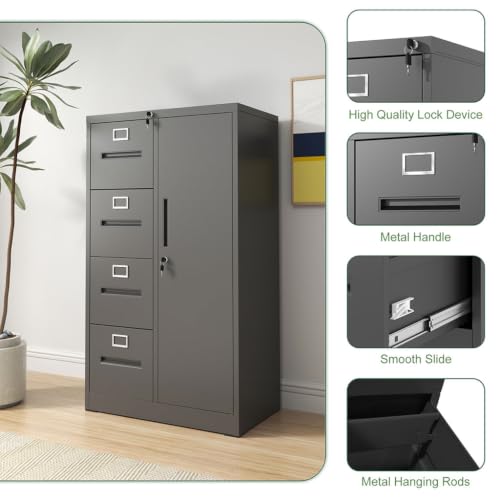 LMAOSS 4 Drawer File Cabinet with Lock, Vertical File Cabinet with Lock, 1 Door, Shelves and Adjustable Hanging Rails, Metal Storage Cabinets for Home, Office, Garage, School,Black