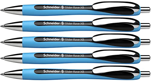 Schneider Slider Rave XB (Extra Broad) Ballpoint Pen, Refillable + Retractable, 1.4 mm, Light Blue Barrel, Black Ink, Box of 5 Pens (132501)