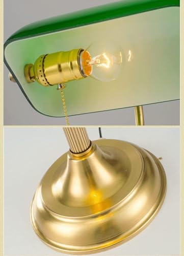 ELUKHT Brass V-intage Bankers Lamp/Art Deco Classic Antique Table Lamp, Retro Bankers Lamp Gold and Green Shade Glass, E27 Indoor Lighting,