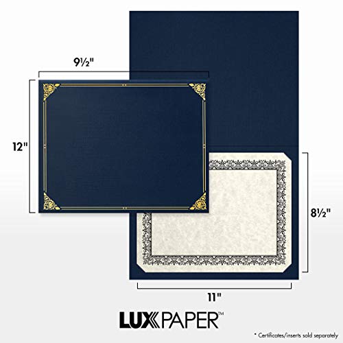 LUXPaper 9.5" x 12" Certificate Holders | Nautical Blue Linen | Embossed Gold Foil Floral Border | 100lb. Cover | 100 Qty