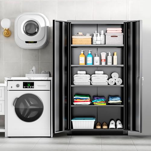 Superday Metal Garage Storage Cabinet with Lock, 72"×36"×18" Metal Storage Cabinets with 2 Doors and 4 Shelves, Black Locking Tool Cabinets for Home Office, Garage, File, Gym, School