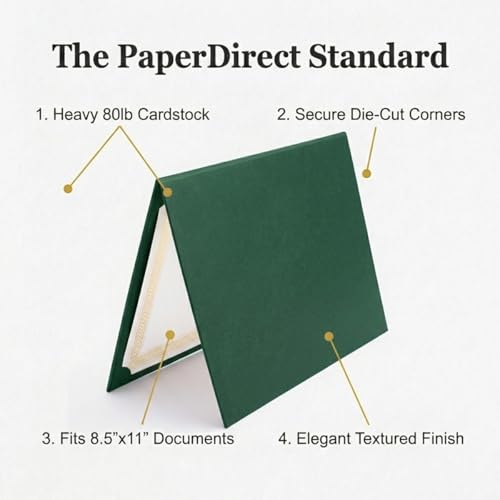 PaperDirect Green Certificate Jackets, 80lb Cardstock, 9.5" x 12" Presentation Holders, Solid Green Document Covers, Graduation, School Recognition, Staff & Volunteer Certificates, Box of 50