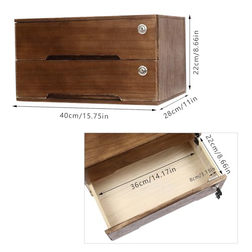 Kaichenyt Wooden Desk Organizer 2 Tier Solid Color Flat File Cabinet with Drawers & Lock & 4 Keys Modern Lockable Desktop Organizing Unit for Home Office Supplies File (Walnut)