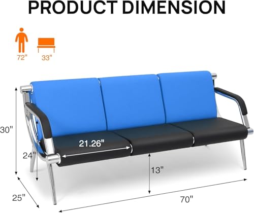 wonline 3 Seat Waiting Room Chair with Armrest PU Leather Office Furniture, Office Guest Seating Lobby Conference Reception Chairs for Airport Clinic Hospital Bank Salon Barber(Blue&Black)