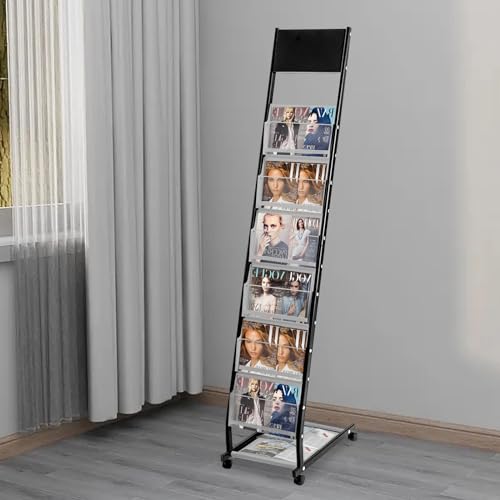 NEATOOM Floor Standing Magazine Rack, 6-Layer Brochure Display Stand with Wheels, Movable Catalog Literature Holder for Conference Room, Library, Office