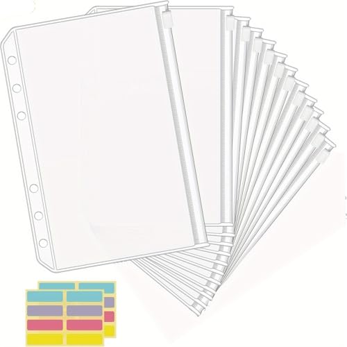 12 Pcs Clear PVC Zippered Binder Pocket, A5/A6 Size, File Storage with Tabs - Durable and Versatile Organizer Accessory Small Business Essentials(A5)