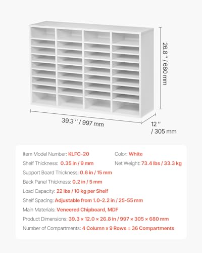 VEVOR Literature Organizer, 36 Compartments Office Mailbox with Adjustable Shelves, Wooden Mailbox Sorter Medium Density Fiberboard Office Home Classroom Storage for Files, Documents, Papers, White