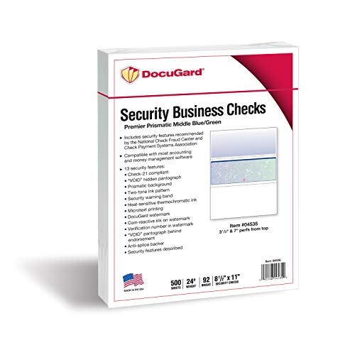 DocuGard Blue/Green Premier Prismatic Middle High Security Check Paper - QuickBooks & Laser/Inkjet Printer Compatible - 13 Security Features - 500 Blank Business Checks (04535)