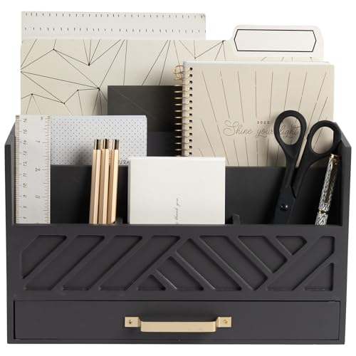 BLU MONACO | Wooden Mail Organizer with Drawer Gold Handle | Mail Sorter Organizer Countertop and Outgoing Mail Holder | Tabletop Organizer with Drawers Grey Desk Storage