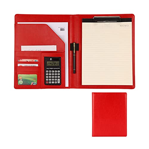 BZHAOMAOL A4 Padfolio Portfolio Business PU Leather Notepad Folder for Resumes Interviews Executive Binder for Women Men with Calculator Writing Pad Conference(Red,12 Digit Calculator)