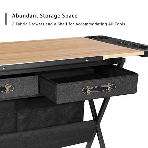 VECELO Drafting Table Art Desk Art Table Adjustable Drawing Table Tilted Tabletop with 2 Storage Drawers and Stool, Drawing Desk for Artist Painters Drawing, Crafting, Reading, Writing, Natural
