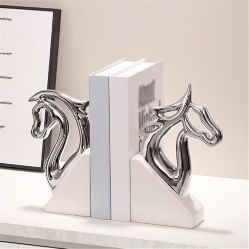 Book Organizer Ceramic Horse Head Bookends, Home Office Decor, for Desktop Bookshelves,Book Ends for Shelves(Silver)