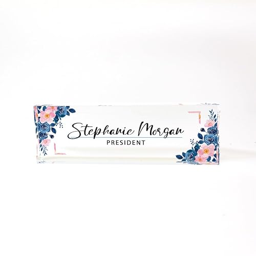 Custom Name Plate for Watercolor Pink Blush Desk – Personalized Office Name Sign with Design – Clear Acrylic Block Nameplate for Teacher, Boss, Principal, Nurse, Office Decor, Door or Wall Display